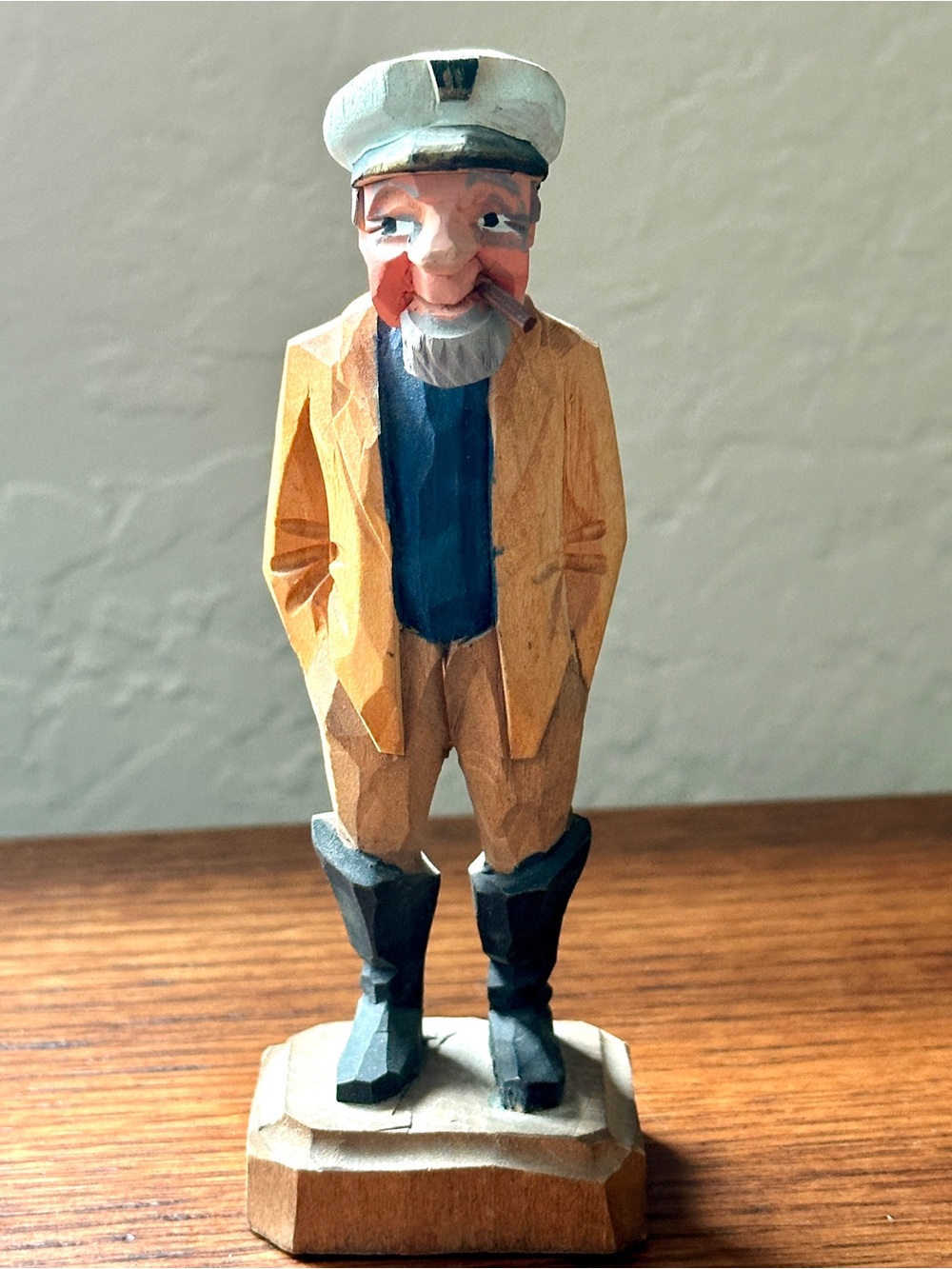 Vintage Hand Carved Wood Sea Captain Fisherman Figurine Cigar Yellow Slicker 5"